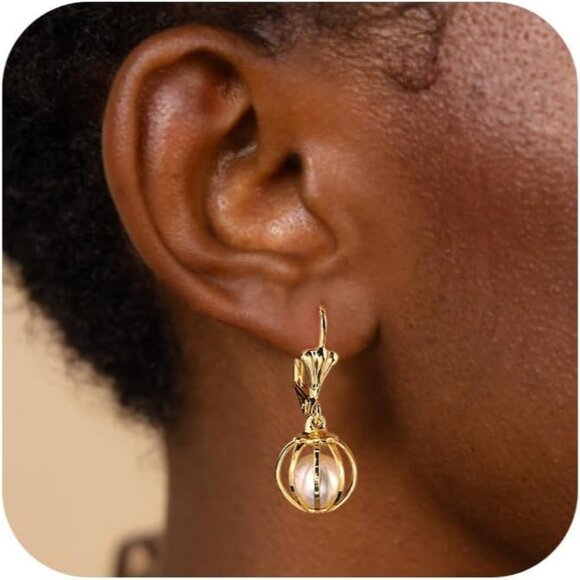 925 Sterling Silver Pearl Drop Earrings for Women Gold Plated Gift Leverback - Picture 2 of 7